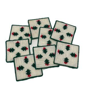 8- Vtg Christmas Holiday Coasters Mistletoe Plastic Canvas Needlepoint Holly